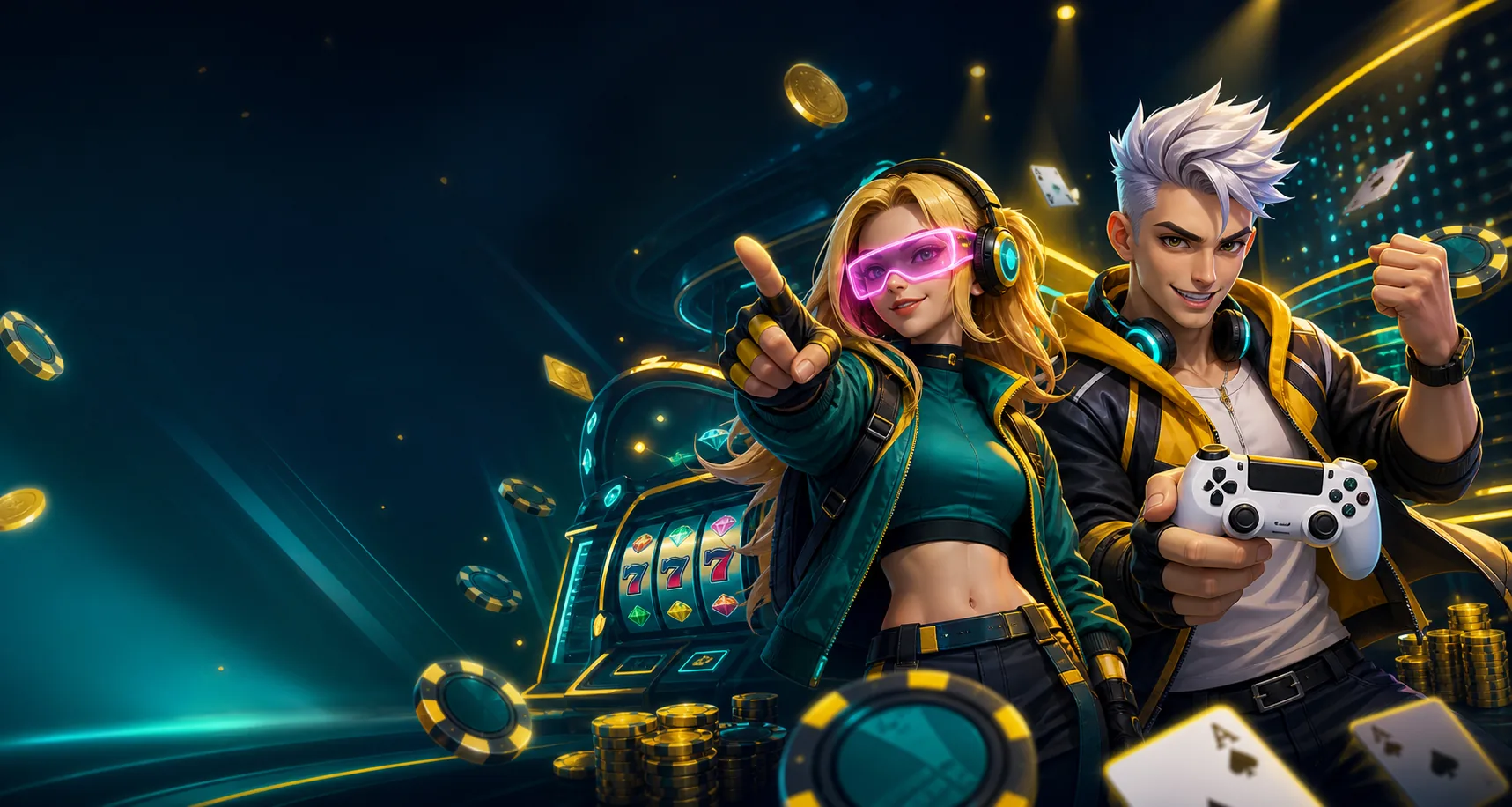 PlayBaze Casino Danmark med neonfigurer, spilleautomater og casinochips