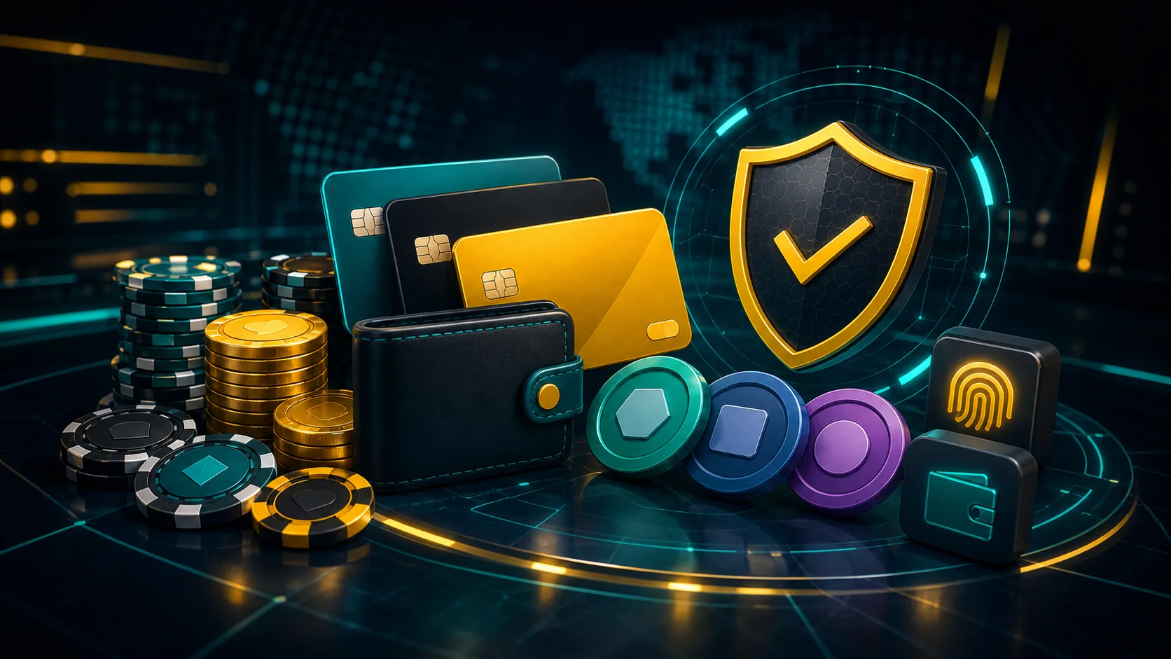 PlayBaze betalinger med kort, e-wallet, sikkerhedsskjold og casinochips