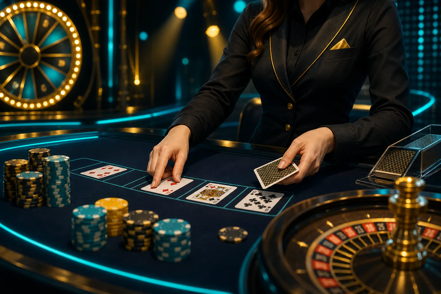PlayBaze live casino med kortbord, dealer og neonoplyste casinochips